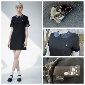 LOVE MOSCHINO Black Peter Pan Collar Vinyl Shift Dress Sz XS Mod 60 Twiggy Style